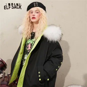 ELFSACK Kietas Grynai Atsitiktinis Negabaritinių Gobtuvu 90% Baltųjų Ančių Pūkų Paltai Moterims,2020 M. Žiemos ELF korėjos Ponios Šiluma Kasdien Outwear