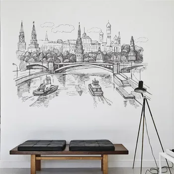 Eskizas Stiliaus Maskvos Upės Kremliaus Dekoracijos, Sienų Lipdukai Namų Puošybai Kraštovaizdžio Sienos Freskos Meno 