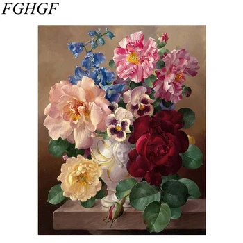 FGHGF Frameless sienos nuotrauka gėlių tapybos numeriai rankomis dažyti aliejus, drobė, tapyba namų dekoro dažų skaičius