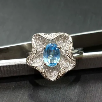 FLZB , Gėlių žiedas madinga papuošalai žiedas 925 stelring sidabro, su gamtos mėlynas topazas brangakmenio iš 18k baltu auksu