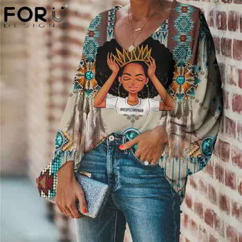 FORUDEGINS Moterų Šifono Palaidinė Afrikos Mergaičių Modelio Spausdinimo Moterų Ilgas Rankovėmis Viršūnes Marškinėliai Lady Atsitiktinis Lauko Drabužių Ropa