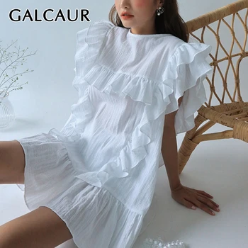 GALCAUR korėjos Kratinys Pynimas Moterų Suknelė, O ant Kaklo Drugelio Rankovėmis Aukštos Juosmens Negabaritinių Mini Suknelės Moterų Drabužiai Nauji 2020 m.