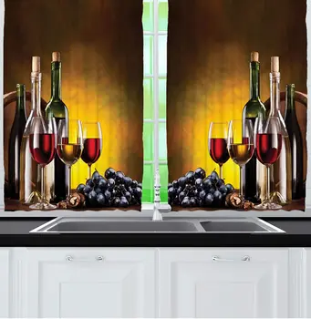 Gelsvai Geltonos spalvos Vynas, Virtuvės Užuolaidos Vynuogių Vyno Butelių Stiklai Nuotrauka Spausdinta Kūrinio Romantiškas Gėrimas Gurmanų Virtuvės Kavinė