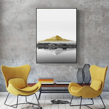Geltona Valtis ant Ežero Kalnų Kraštovaizdžio Sienos Meno Tapybos Drobės Plakatas Spausdinti Nuotraukas Kambarį Namo Vidaus Apdaila