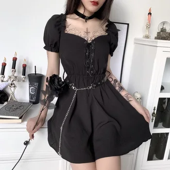 GOTH GIRL Gothic Lolita Dress Moterų Nėriniai Sluoksniuotos Rankovėmis Aukštos Juosmens Mini Suknelė Tamsiai Streetwear Seksualus Ins Stiliaus Naktinis Klubas Suknelės