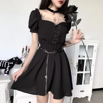GOTH GIRL Gothic Lolita Dress Moterų Nėriniai Sluoksniuotos Rankovėmis Aukštos Juosmens Mini Suknelė Tamsiai Streetwear Seksualus Ins Stiliaus Naktinis Klubas Suknelės