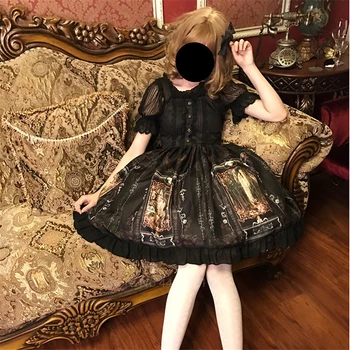 Gothic Lolita Dress Moteris Derliaus Kawaii Šifono Rūmuose Princesė Šalis Nešioti Žibintų Rankovėmis Atspausdintas Mielas Cosplay Kostiumai