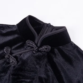 Gotikos Derliaus Moterų Mandarinų Kaklo Aksomo Trumpas Rankovės Sudurti Mygtukai Padalinta Šalis Mini Suknelė Goth Moterų Vientisos Spalvos Cheongsam