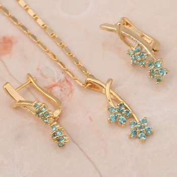 Gėlių Papuošalų Rinkiniai Auskarai, Karoliai moterų Mados Juvelyrikos Light Blue Crystal aukso Tonas Jubiliejus elementus JS439