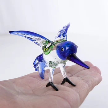 H&D Rankų darbo Pūsto Mini Stiklo Paukščių Figūrėlės Meno Mėlyna Hummingbird su Ilgą Snapą Stiklo Skulptūros Dekoro Kūrybinės Amatų Dovanos