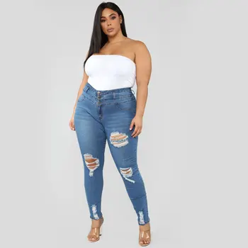 HAOOHU moterų kankina džinsai, kelnės dydį mados atsitiktinis tendencijas aukšto juosmens stora ruožas skylę tuščiaviduriai plonas džinsinis pieštuko kelnės