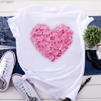 Harajuku Moterų marškinėliai Pink Širdies Gėlių Spausdinti Atsitiktinis marškinėliai Vasaros Mados trumpomis Rankovėmis Plius Dydis Viršūnes Moterų Marškinėlius drabužiai