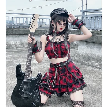 Harajuku Punk karštų merginų Raudona Mini Pledas Sijonas nustatyti 2020 m. naujų moteris Nėrinių iki Juosmens japonijos Kawaii Saldus klostuotas Mini tortas Sijonas kostiumas