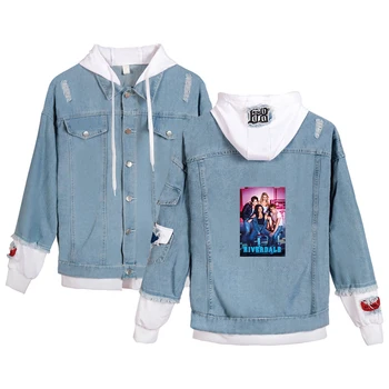 Harajuku stilius Riverdale susiuvimo mados džinsinio audinio rudens ir žiemos gobtuvu striukė vyrams ir moterims mados clothingcasualdenimjacket