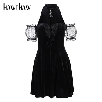 Hawthaw Moteris Rudens-Žiemos Velniop Kaklo Trumpomis Rankovėmis Juoda Gotikos Nėrinių Maža Juoda Suknelė 