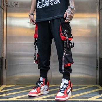 Hip-Hop Poilsiu Krovinių Kelnės Vyrams Blokas Hitu Spalva Kišenėje Kelio Vyrų Sweatpants Streetwear Laišką Juostelės Atsitiktinis Juodos Kelnės