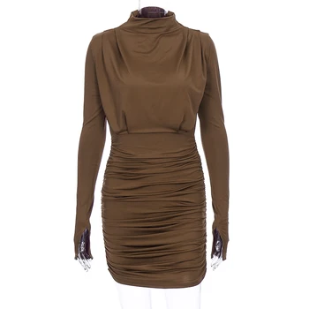 Hugcitar 2020 long sleeve ruched grynas seksuali mini suknelė rudens žiemos moterys streetwear šalies komplektus clubwear