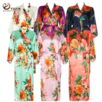 Ilgai Gėlių Chalatas Kimono Nuotakos Gryno Šilko Satino Chalatas Naktį Suknelė Vestuvių Chalatai už Pamergės ir Nuotaka Sleepwear Gėlių Naujas