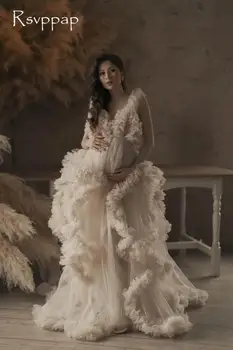 Ilgas Elegantiškas vakarinę Suknelę 2020 V-kaklo Šampano Tiulio Motinystės Suknelės už Nuotrauką Šaudyti Drabužius Nėščioms Moterims, Chalatai Fomral