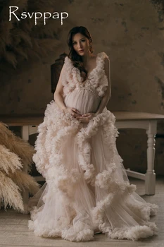 Ilgas Elegantiškas vakarinę Suknelę 2020 V-kaklo Šampano Tiulio Motinystės Suknelės už Nuotrauką Šaudyti Drabužius Nėščioms Moterims, Chalatai Fomral