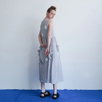 Imakokoni mėlyna ir balta dryžuotas berankovis suknelė originalaus dizaino vidutinio ilgio moterų vasaros 2019 naujas 182366