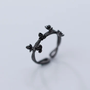 INZATT Nekilnojamojo 925 Sterlingas Sidabro Vintage Black Slyvų žiedų, Gėlių atidarymo Žiedas Moterims Šalis BAUDA papuošalai Sidabro Spalvos Dovanų