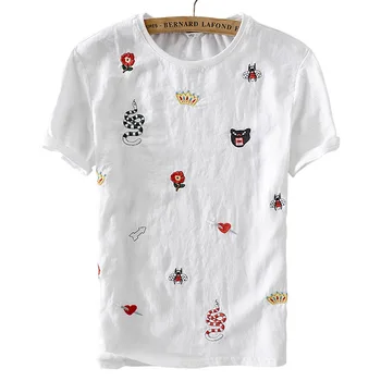 Išskirtinį siuvinėjimo vasaros marškinėliai vyrams trumpomis rankovėmis lino t-shirt mens mados prekės ženklo vyrų marškinėlius patogus ruožas camiseta