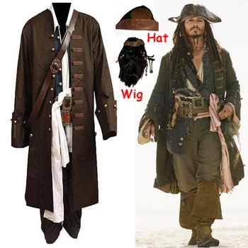 Jack Sparrow Cosplay apranga Karibų jūros Piratai Striukė, Liemenė Diržo Marškinėliai, Kelnės, Kostiumas Nustatyti Helovinas Perukas ir skrybėlę