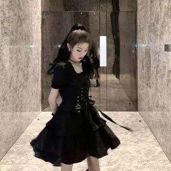 Japonijos Derliaus Harajuku Elegantiškas Tamsiai Juodos Suknelės 2020 Metų Vasaros Saldus, Seksualus Nėriniai Slim Aikštėje Apykaklės Sluoksniuotos Rankovėmis Moteriška Suknelė
