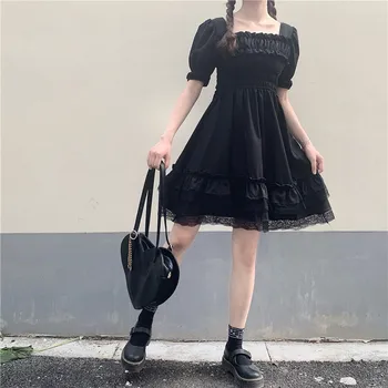 Japonijos Lolita Stiliaus Moteris Princesė Juoda Mini Suknelė Velniop Kaklo Aukštos Juosmens Gotikos Suknelė Sluoksniuotos Rankovėmis Raukiniai, Nėriniai Suknelės, Šaliai