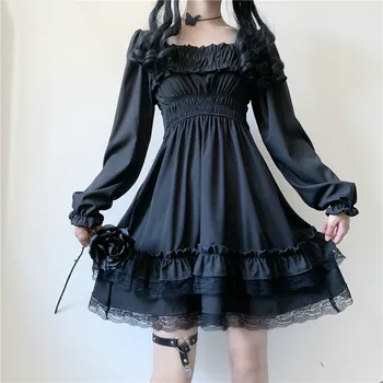 Japonijos Lolita Stiliaus Moteris Princesė Juoda Mini Suknelė Velniop Kaklo Aukštos Juosmens Gotikos Suknelė Sluoksniuotos Rankovėmis Raukiniai, Nėriniai Suknelės, Šaliai