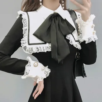 Japonijos Moterys Gothic Lolita Suknelė Vintage Viktorijos Turn-Žemyn Apykaklės Nėrinių Lankas Ilgomis Rankovėmis Suknelė Girly Šalies Tamsiai Trumpos Suknelės