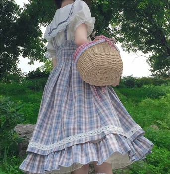 Japonijos Saldus Kawaii Cute Lolita Stiliaus Moterų Suknelė 2020 Metų Vasaros Minkštas Girly Spageti Dirželis Mėlynos Spalvos Pledas Spausdinti Lady Moterų Suknelės