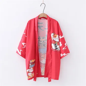 Japonų Kimono Mados Maneki Neko Striukės Cardigan Yukata Viršutiniai Drabužiai Likimo Katės Haori Paltai Atsitiktinis Paltai