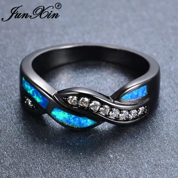 JUNXIN bižuterijos Blue Fire Opal Žiedai Moterims, Vyrams Juodojo Aukso Užpildytas Geometrinio Stiliaus Vestuves Kokteilis Žiedas Anillos