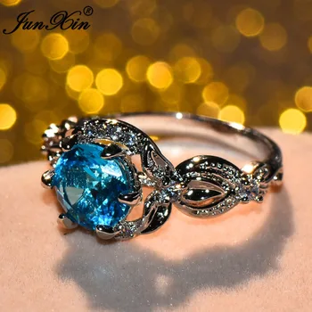 JUNXIN Prabanga Moterų Mėlyna Cirkonis Akmuo Žiedas Markės Mados Piršto Žiedas Baltas Auksas Užpildyti Papuošalai Senovinių Vestuvinių Žiedų Moterims