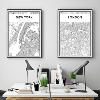 Juoda ir Balta Miesto Žemėlapį niujorko, Tokijo, Paryžiaus Drobės Paveikslai Šiaurės Stiliaus Plakatų ir grafikos Sienos Menas Nuotraukas, Namų Dekoro