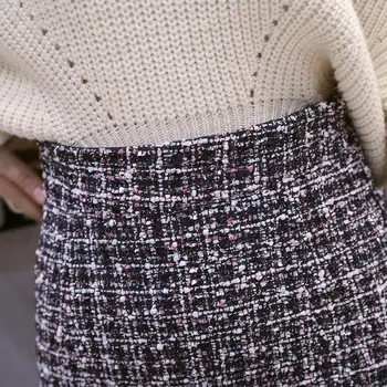 Juodos Spalvos Tvido Sijonas Slidinėti Rudens Žiemos Moterys Korėjos Elegantiškas Pledas Jupe Femme Derliaus Likučius Ponios Linijos Mados Mini Sijonai
