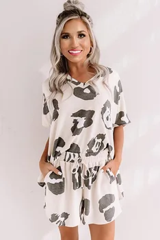 Kaklaraištis Dažų Atspausdinta Dviejų Dalių Kostiumas Moterims Leopard V Kaklo Raišteliu Viršuje Aukšto Juosmens Šortai Pižama Rinkiniai Loungewear Naktiniai Drabužiai Sleepwear
