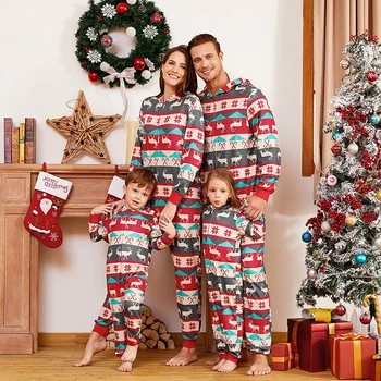 Kalėdų Atitikimo Šeimos Jumpsuits Vienas Gabalas Gobtuvu Zip-Front-Romper Šeima Vaikai Suaugusieji Pižama Komplektas