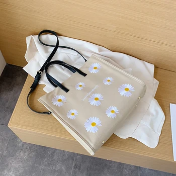 Karšto pardavimo nauja drobė moterų pirkinių krepšys didelės talpos mažų šviežių gėlių siuvinėjimas moterų rankinės