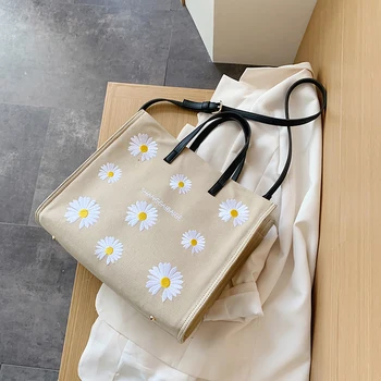 Karšto pardavimo nauja drobė moterų pirkinių krepšys didelės talpos mažų šviežių gėlių siuvinėjimas moterų rankinės