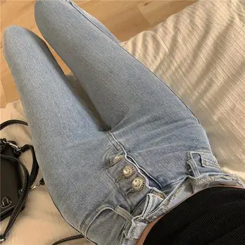 Karšto parduoti aukšto juosmens moterų džinsus elegantiškos mados ruožas stora kelnės korėjos versija ins sunkiųjų diamond sagtis džinsai