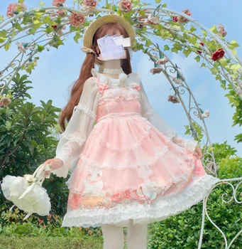 Kasdien suknelė jsk dirželis suknelė moterų mielas triušis rose Lolita dress mielas Kawaii Japonijos minkštas sesuo Lolita