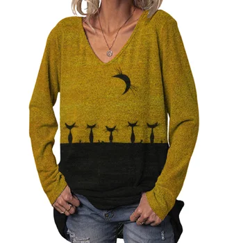 Katės Stovi Mėnulis Spausdinimas marškinėliai Moterims ilgomis Rankovėmis 3XL 4XL Plius Dydis Atsitiktinis Marškinėlius V-Neck 3D Spausdinimo Viršūnes Womens