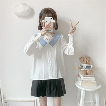 Kawaii Mados Minkštas Mergaitės, Balti Marškiniai, Moterų Palaidinė Japan Lolita Cute Kačių Siuvinėjimo Nėrinių Sluoksniuotos Ilgomis Rankovėmis Princesė Šifono Viršūnės