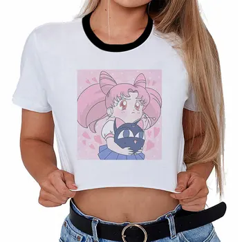 Kawaii Sailor Moon 90s Marškinėliai Moterims trumpomis Rankovėmis Harajuku Ullzang T-shirt Estetinės Anime Mielas Marškinėlius Mados Bako Viršuje Moterų