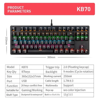 KB70 Žaidimų Mechaninė Klaviatūra Žaidimą Anti-šešėlius RGB Sumaišykite su Apšvietimu Mėlyna Jungiklis Žaidimų Klaviatūra PC Gamer Laptop Tablet Deskt