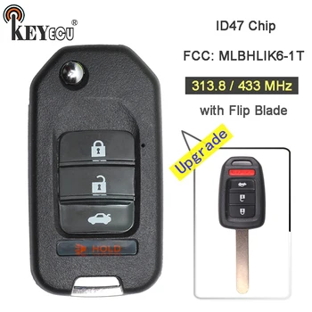 KEYECU 313.8/ 433MHz ID47 Chip FCC: MLBHLIK6-1T Upfraded Flip 3+1 4 Mygtuką Nuotolinio Rakto Pakabuku Honda Fit Civic XRV HRV CRV