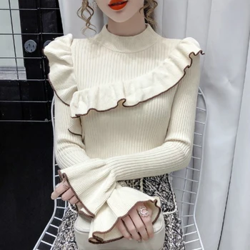 Kimotimo Megztiniai Megztinis 2020 M. Rudenį Storas Megztas Viršūnes Korėjos Flounce Raukiniai Elegantiškas Megztiniai Megztinis Plonas Moterų Drabužiai